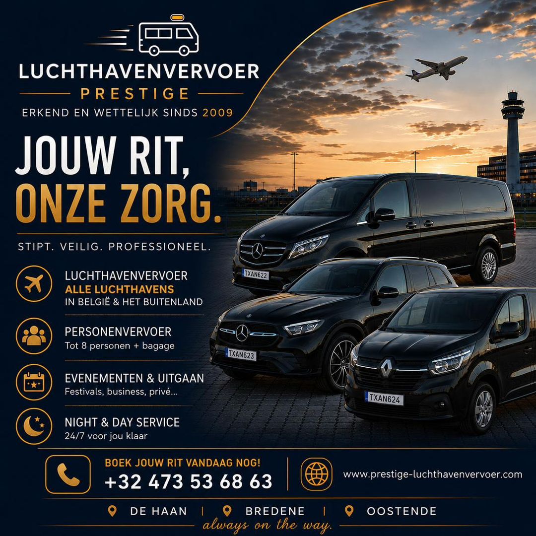 Prestige Luchthavenvervoer: jouw rit, onze zorg. Erkend en wettelijk sinds 2009. Luchthavenvervoer naar alle luchthavens, personenvervoer tot 8 personen, evenementen en 24/7 service in De Haan, Bredene en Oostende.