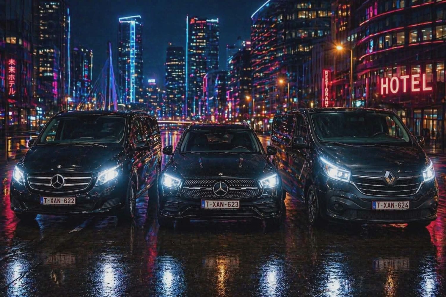 De drie voertuigen van Prestige bij nacht